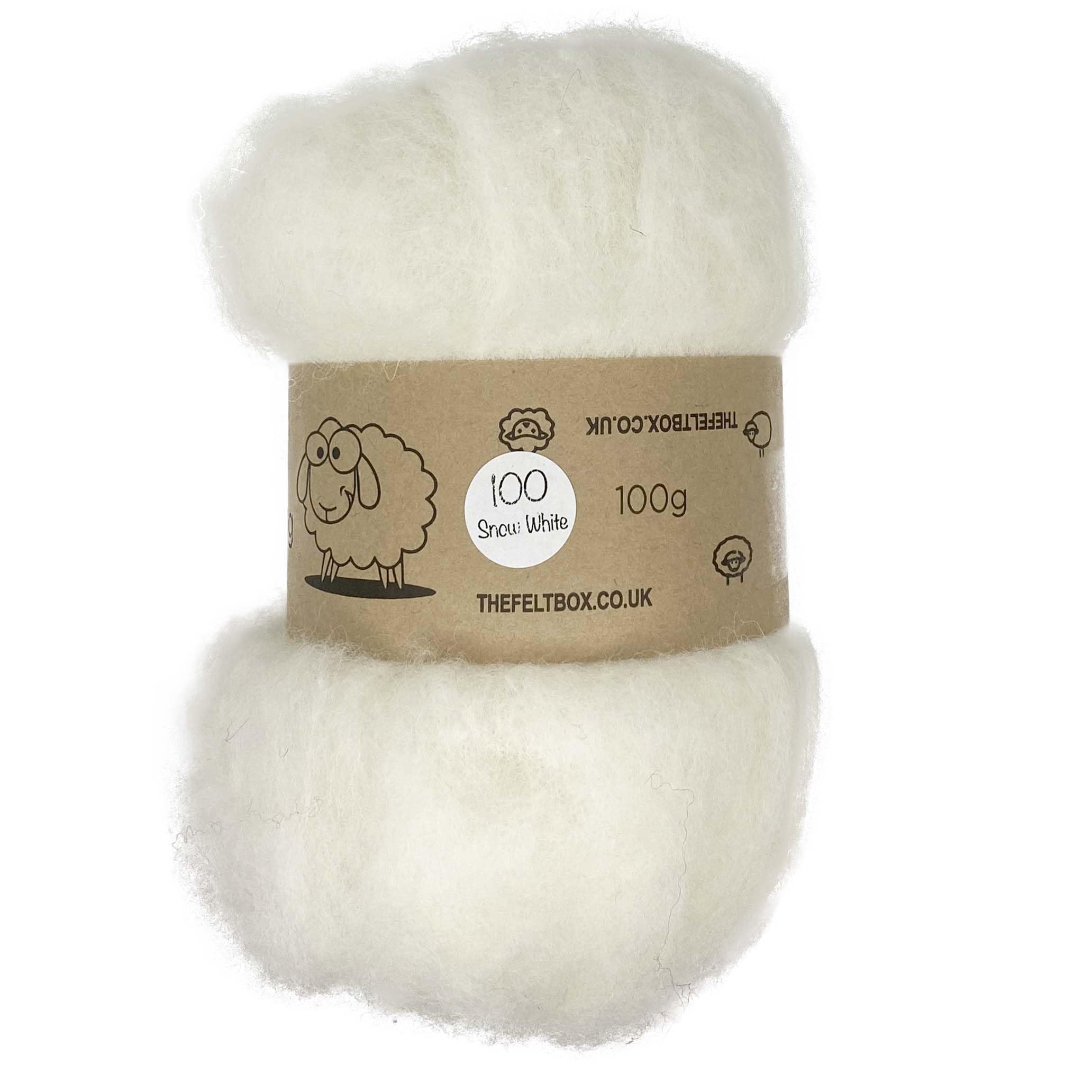 The Felt Box White Carded Wool for Needle Felting 100g | Shade #100 | Core Wool Batt | Needle Felt 100g White | Roving for Felting Crafts & 3D