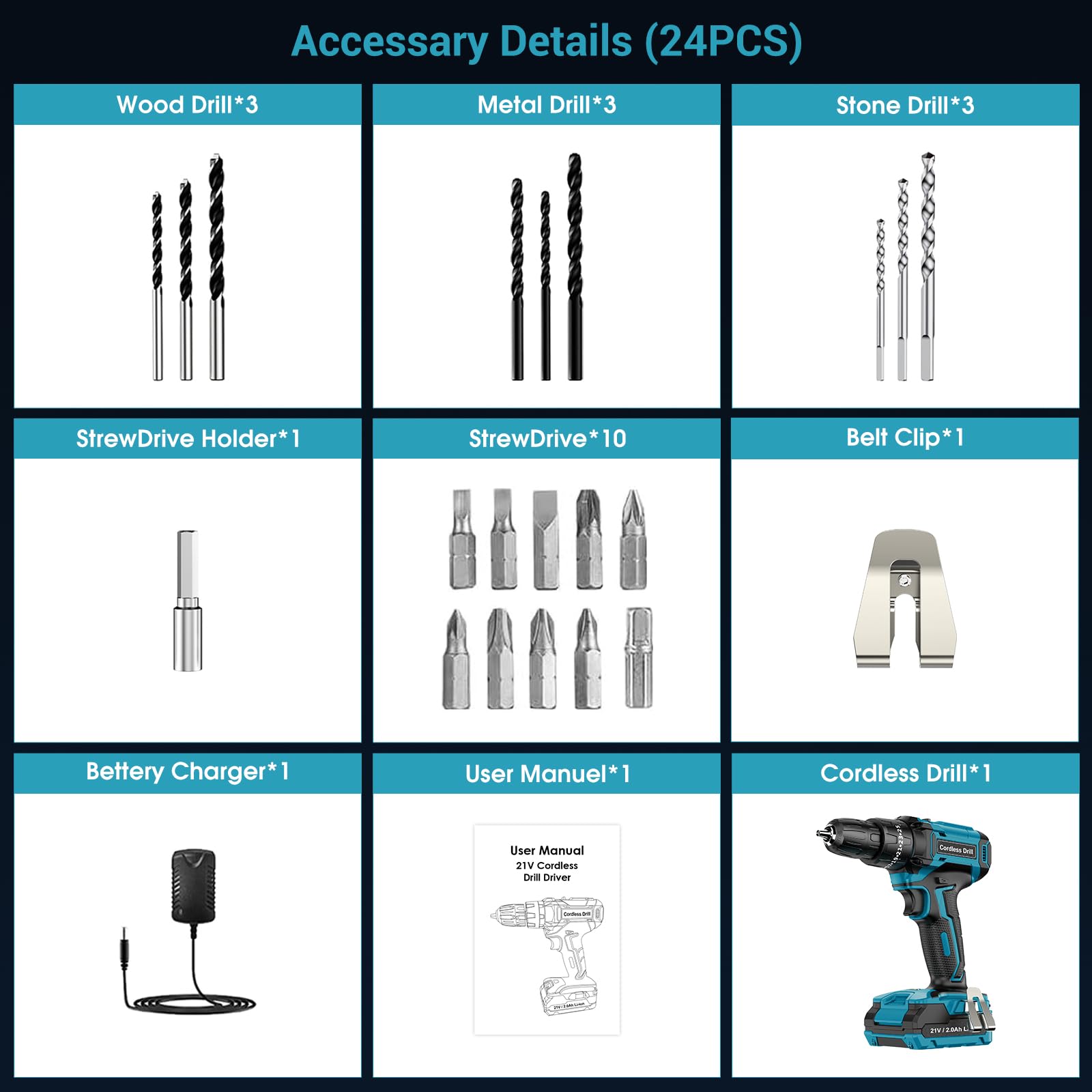 MHPRO Cordless Drill, Power Drill Brushless 21V, Cordless HammerDrill with 2 Batteries 2000mAh, 20+3 Torque, 45N.m Max DrillSet, LED Light, 2 Speed, 14PCS Accessories for Home and Garden DIY Project