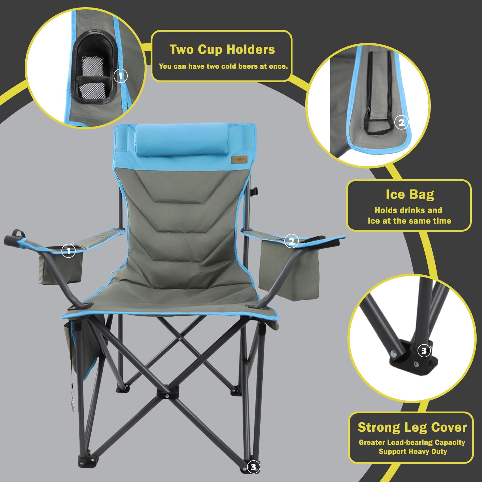 Outdoor Folding Camping Chair -Oversize Camping Chairs for Adults,Support 400lbs with Pillows & Cup Holders & Cooler Bags- Heavy Duty Collapsible Chairs for Sports Garden Beach Fishing(Grey Blue)
