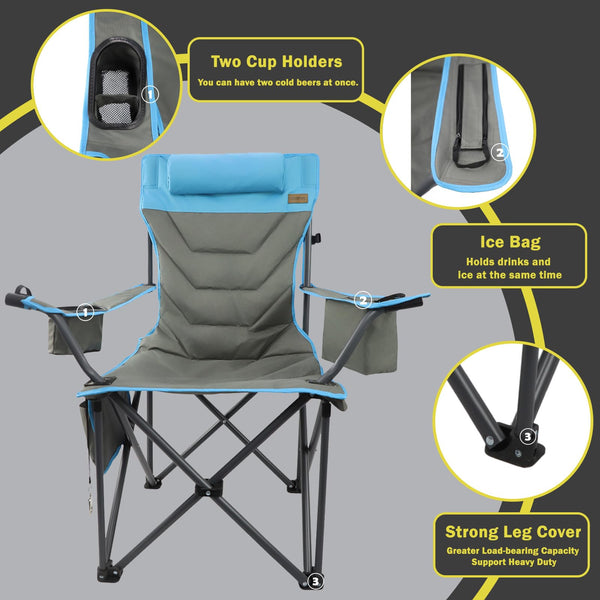 Outdoor Folding Camping Chair -Oversize Camping Chairs for Adults,Support 400lbs with Pillows & Cup Holders & Cooler Bags- Heavy Duty Collapsible Chairs for Sports Garden Beach Fishing(Grey Blue)