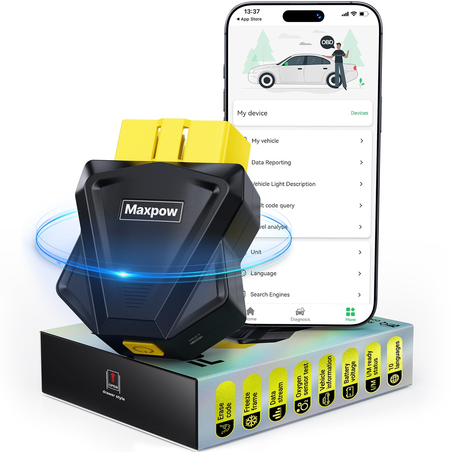 Maxpow OBD2 Scanner Diagnostic Tool - Wireless Bluetooth Car Fault Code Reader for iOS Android, Vehicle Health Check, Engine Inspection 1
