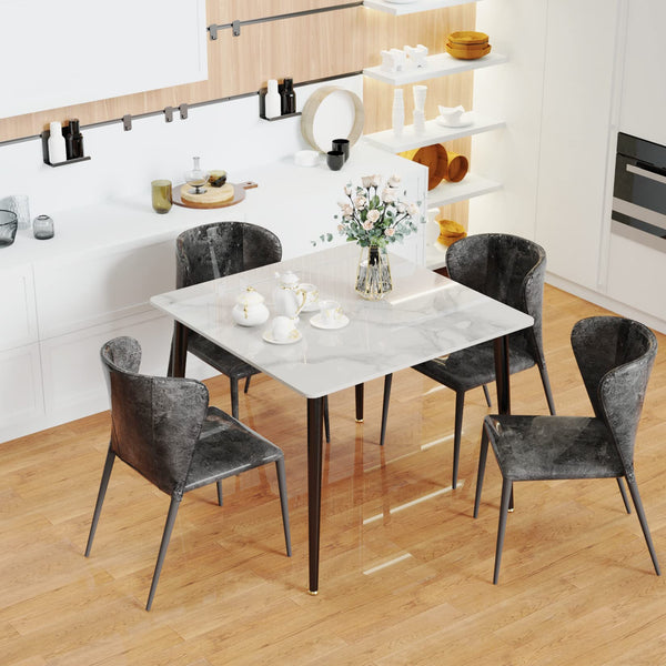 Kitchen Dining Table Marble Tabletop: Square 80cm Contemporary Sintered Stone White Pattern High Gloss Marble Top Dinner Tables 4 Seater with Tapered