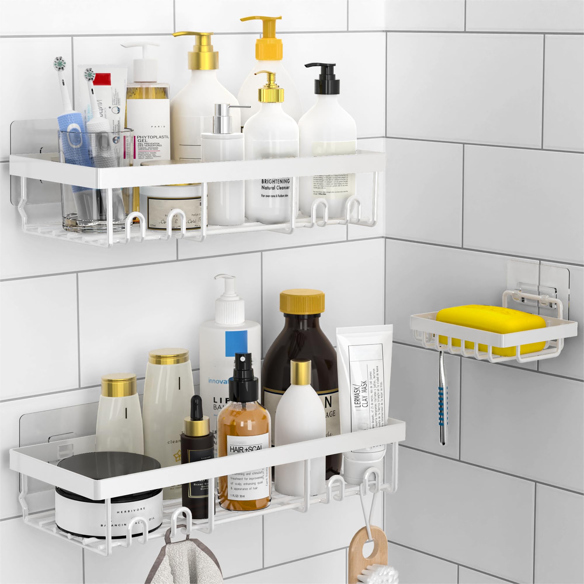 DIFULI Shower Caddy Shelf Organiser 3 Pack with Soap Holder, No Drill White Shower Shelves,Self Adhesive Bathroom Storage Accessories