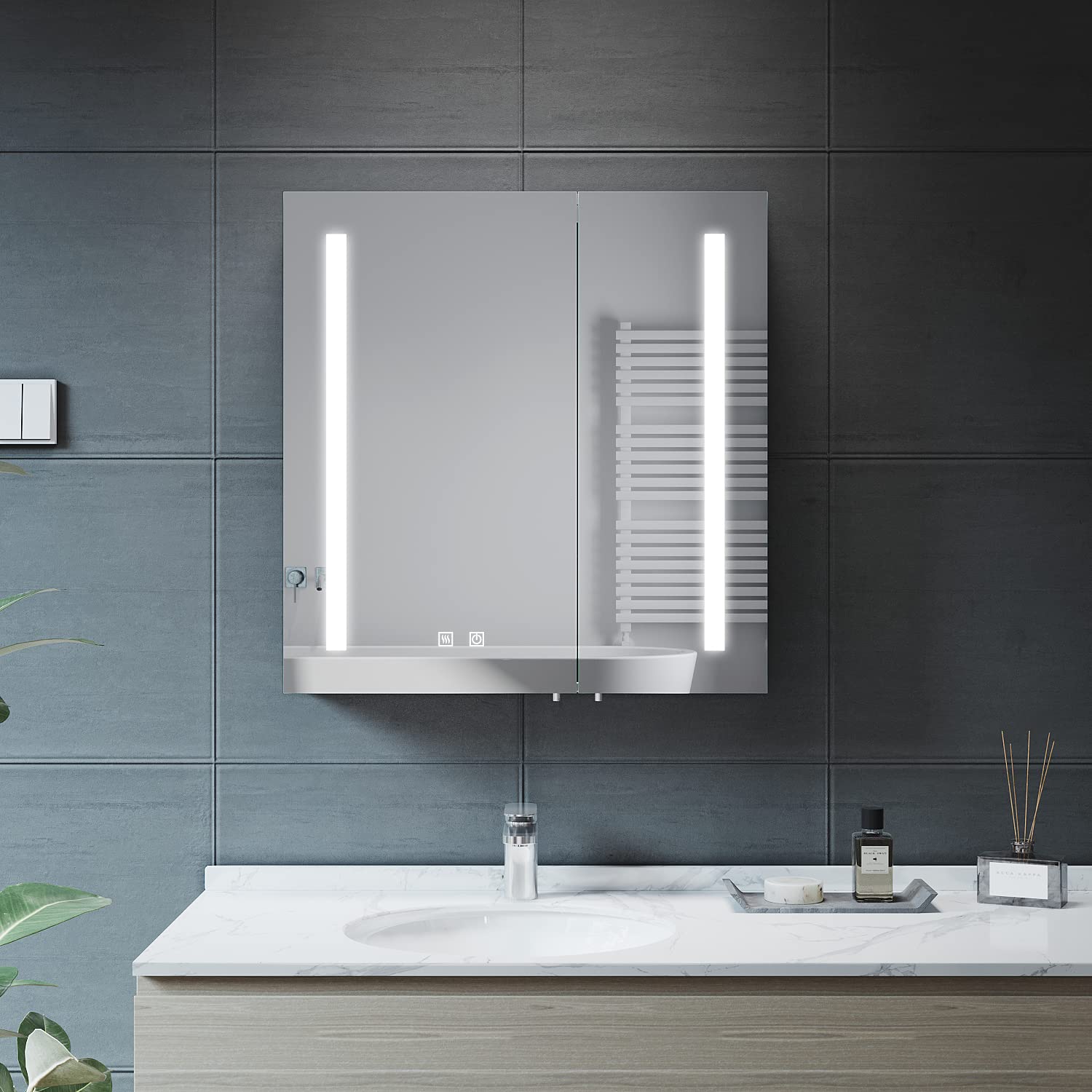 ELEGANT LED Illuminated Bathroom Mirror Cabinet with Shaver Socket, Double Door Stainless Steel Wall Mounted Bathroom Cabinet with Demister Pad Dimmer