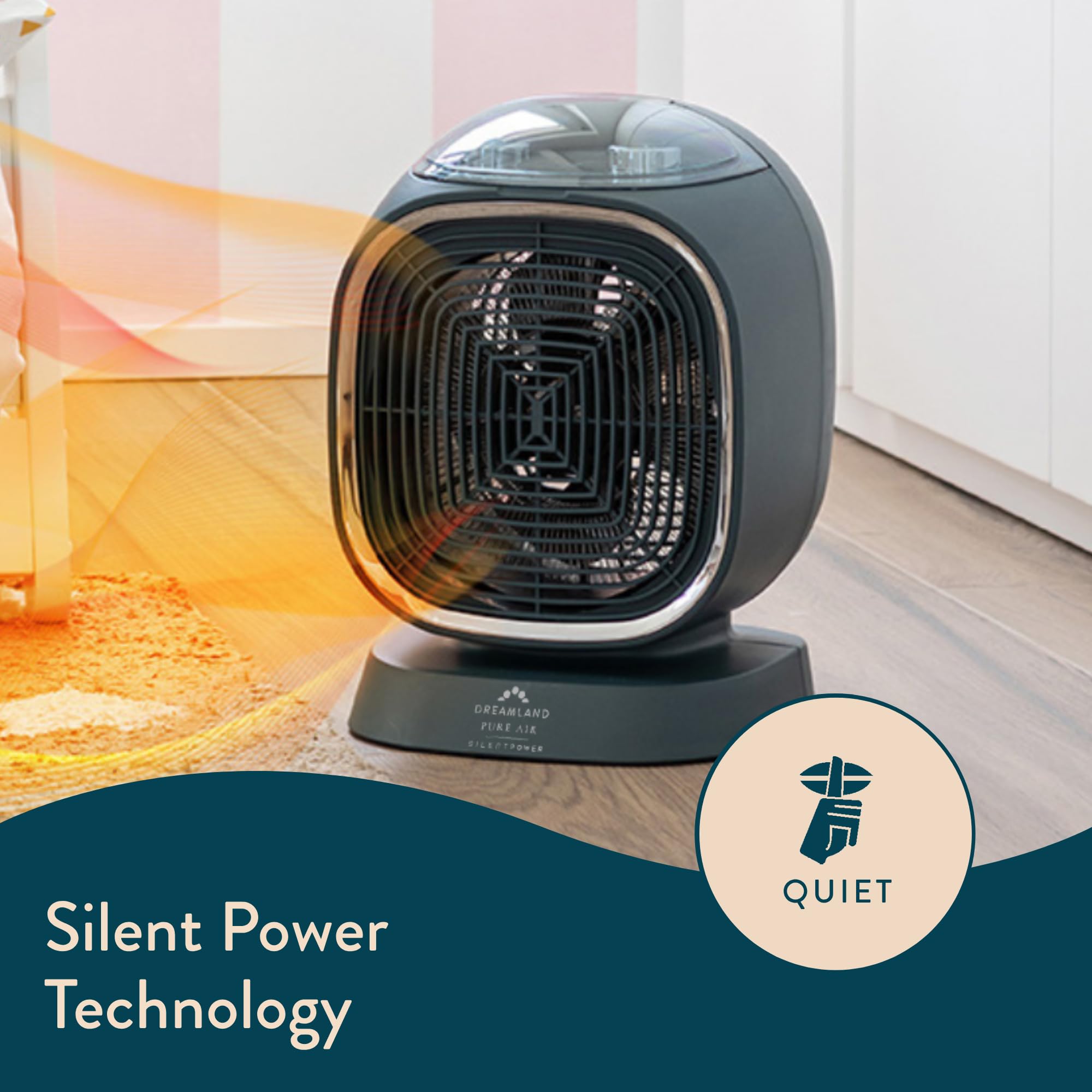 Dreamland Silent Power Pure Portable Fan Heater - Low Energy for Home Use, Quick Heat Up with 4 Heating Modes, Silent Space Heater, Energy Efficient Ionizer and Air-Purifying Heating Technology