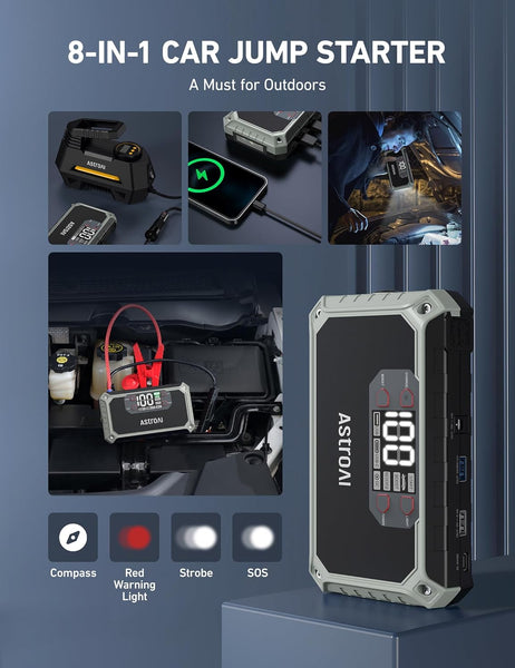 AstroAI 2000A Car Battery Booster Jump Starter Power Pack 18000mAh Power Bank (12V DC and QC3.0 Output) for 7.0L Petrol/3.0L Diesel Engines, with LCD Screen, LED Torch, Cigarette adaptor