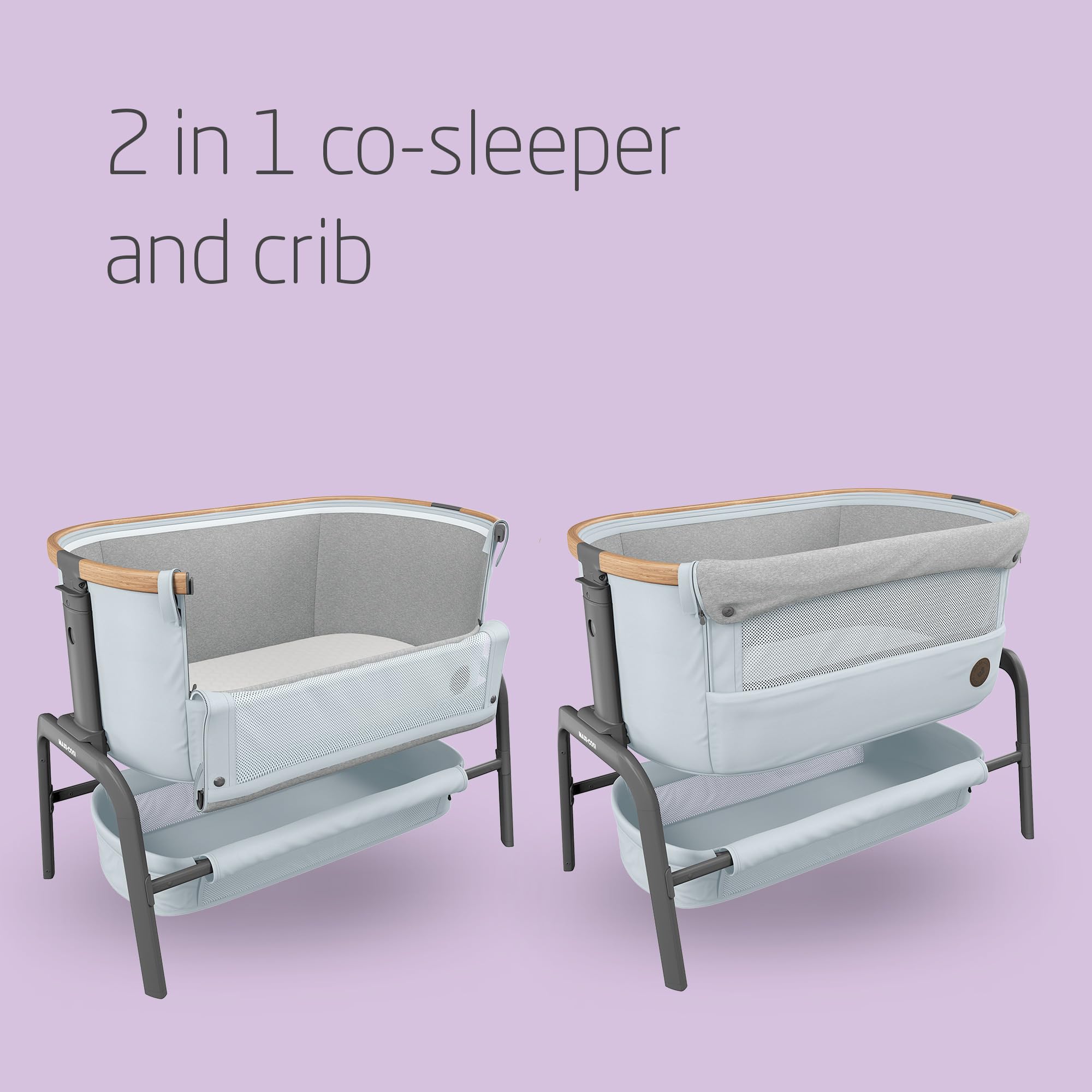 Maxi-Cosi Iora Co-Sleeper Crib, Foldable Baby Bedside Crib, 0–6 Months, max 9 kg, 4 Incline & 5 Height Positions, Easy Slide, Comfortable Mattress, Large Basket, Easy to Carry, Essential Grey