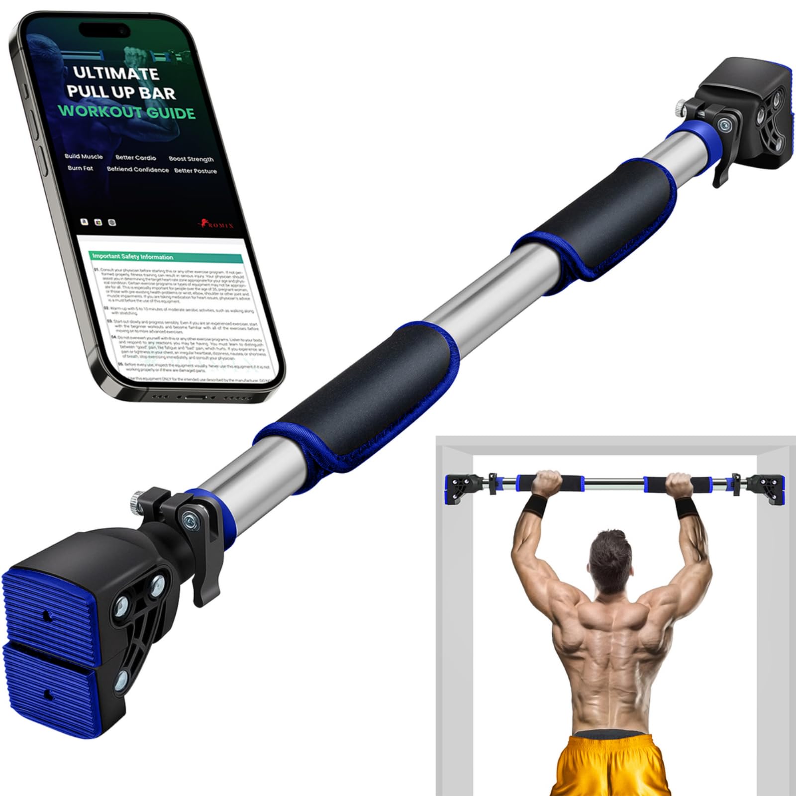 ROMIX Pull Up Bar Doorway, Adjustable Length 72-97cm No Screw Chin Up Bar Door Frame Width Locking, Multifunctional Body Fitness Training Equipment with Exercise eBook for Body Workout Home