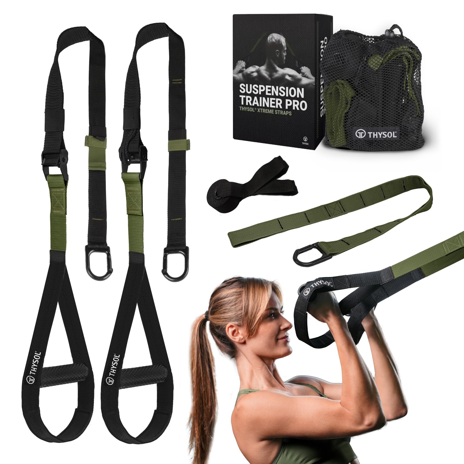 THYSOL? Suspension Trainer Pro Xtreme Straps Army | Sling Trainer Set with Adjustable Door Anchor | Fitness Home Workouts - Suitable for Travelling &