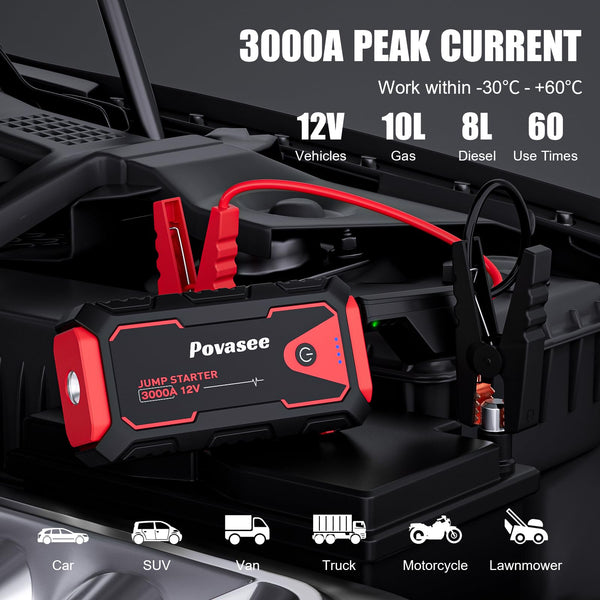 Povasee Jump Starter Power Pack, 5000A Car Battery Booster Jump Starter (up to All Gas or 10L Diesel) with 3" LCD Display, Car Starter with 2 USB Ports, Jump Leads and LED, Jump Pack for 12V Vehicles
