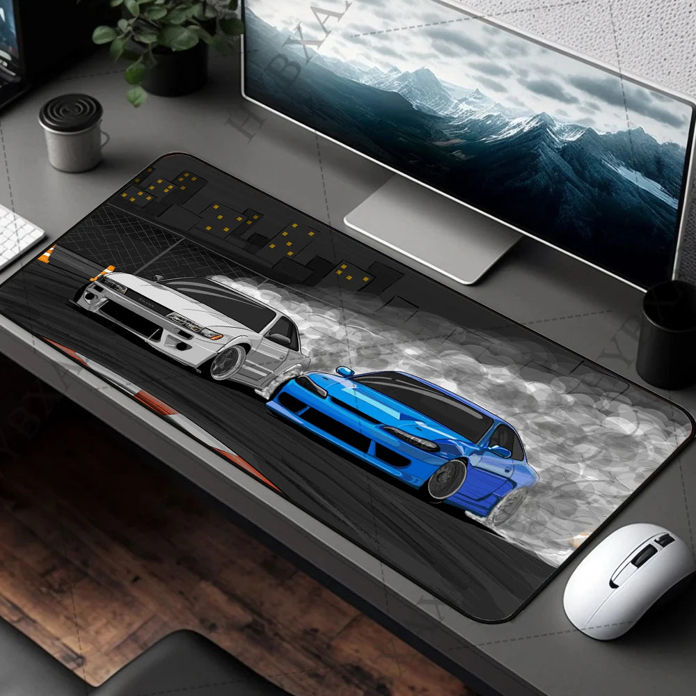 XXL Drift S13 and S15 JDM Car Large Gamer MousePad Anti-Slip Rubber Base Stitched Edge Black Desk Mat for Gaming Office Home