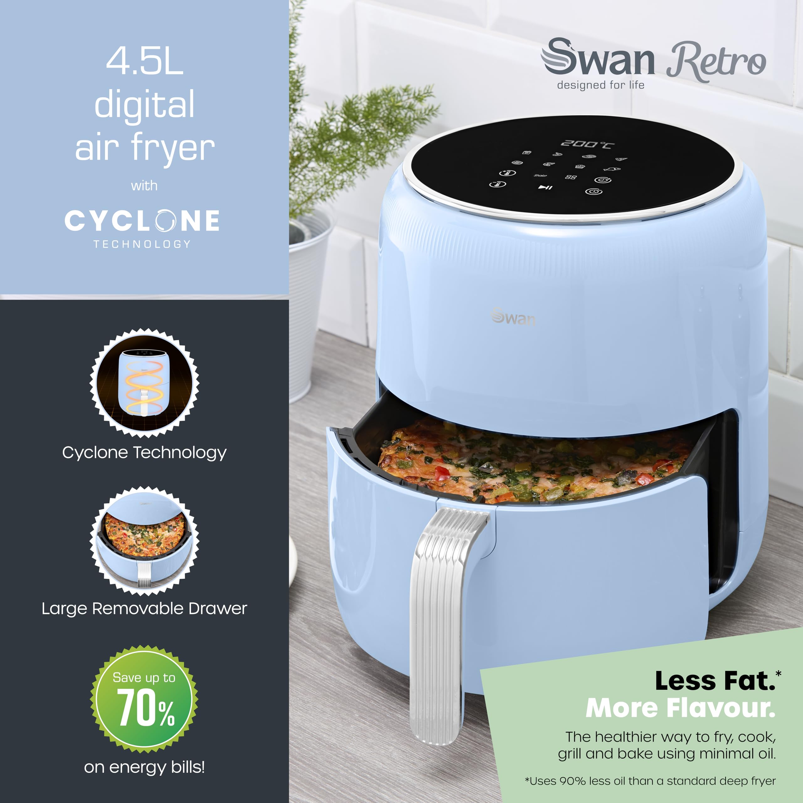 Swan SD10513BLU Retro Digital Air Fryer with Swan Cyclone Technology, 8 Pre-Set Cooking Options, Adjustable Temperature, 4.5L 1500W, Blue