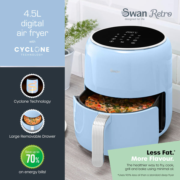 Swan SD10513BLU Retro Digital Air Fryer with Swan Cyclone Technology, 8 Pre-Set Cooking Options, Adjustable Temperature, 4.5L 1500W, Blue