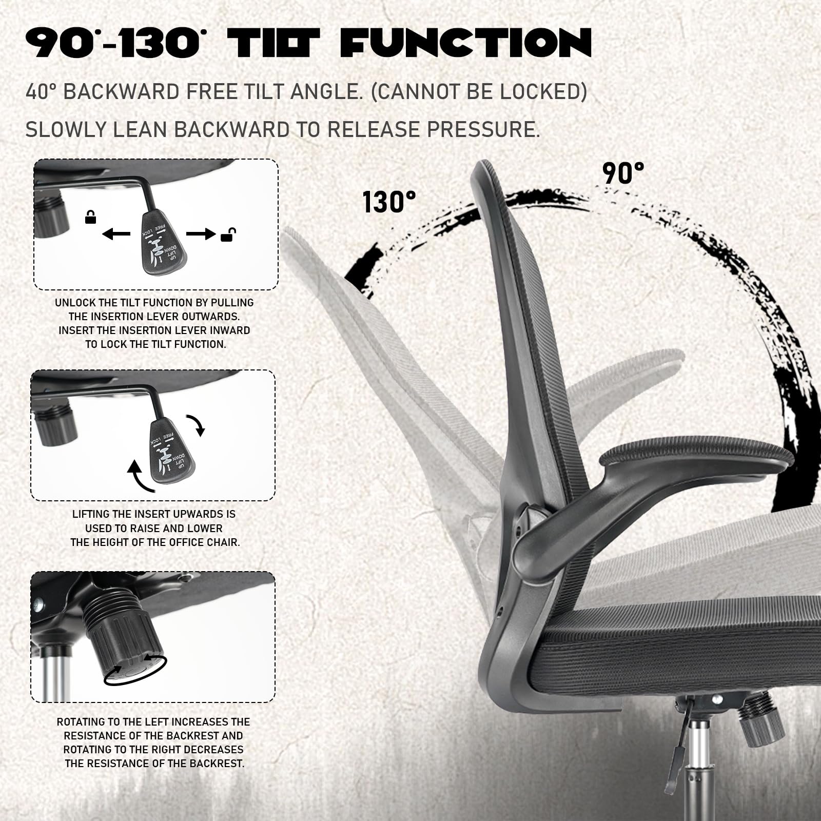 Durrafy Office Chair Ergonomic, Desk With 90 Flip-up Armrests and Lumbar Support, Mid Back Office Desk Chair, Height-Adjustable, Mesh Swivel Chair