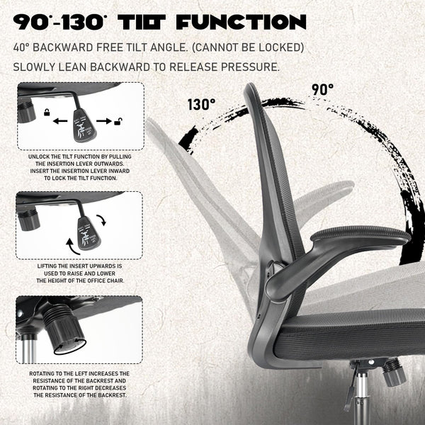 Durrafy Office Chair Ergonomic, Desk With 90 Flip-up Armrests and Lumbar Support, Mid Back Office Desk Chair, Height-Adjustable, Mesh Swivel Chair