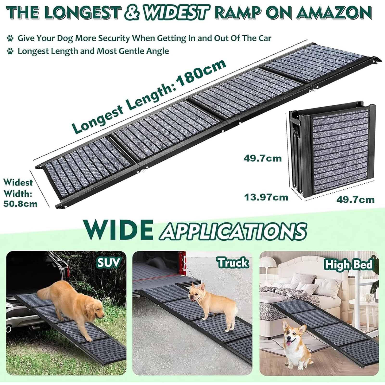 170cm Long Dog Ramp for Cars,43cm Wide Folding Dog Ramp for Large Dogs with High Traction Carpet Surface,Non-slip for Truck,SUV,Portable Pet Ramp Stairs for Medium Large Dog Up to 100kg