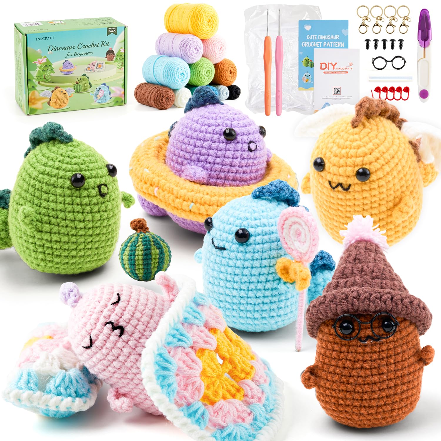 Inscraft Crochet Yarns Kit for Beginners, 6 Pack Dinosaurs Acrylic Yarns Set for Crocheting, Starter Kit with Step-by-Step Video, Crochet Kits for