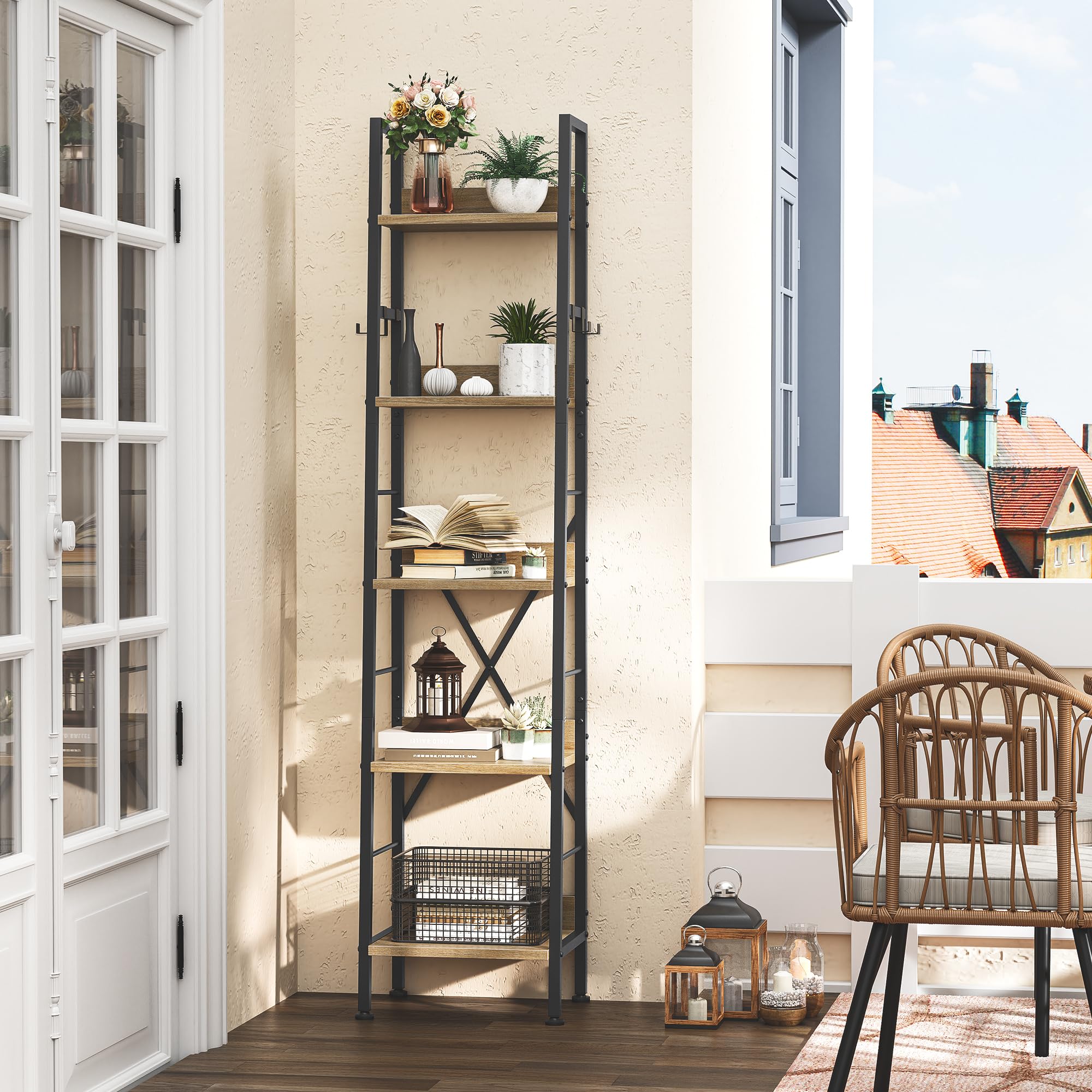 YITAHOME Bookcase 5 Tiers, Industrial Ladder Shelf Floorstanding Book Shelf Wooden Shelves and Metal Frame Book Rack Modern Shelving Unit for Living