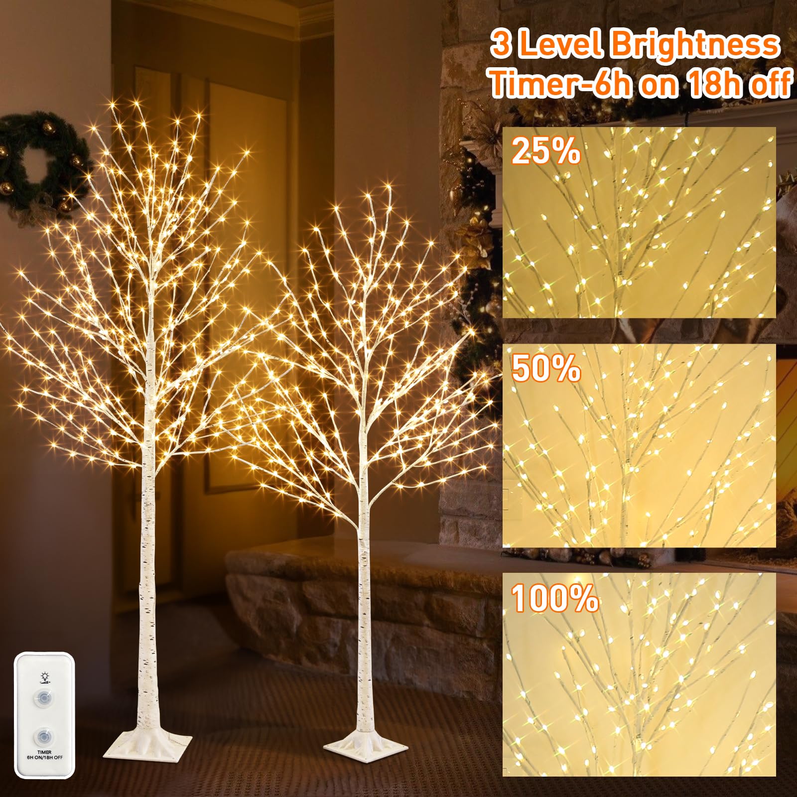 EAMBRITE Lighted Birch Tree Set, White Christmas Trees Indoor Outdoor Decorations, 5FT 6FT Prelit Artificial Tree with Timer & Light Dimmer, LED Twig
