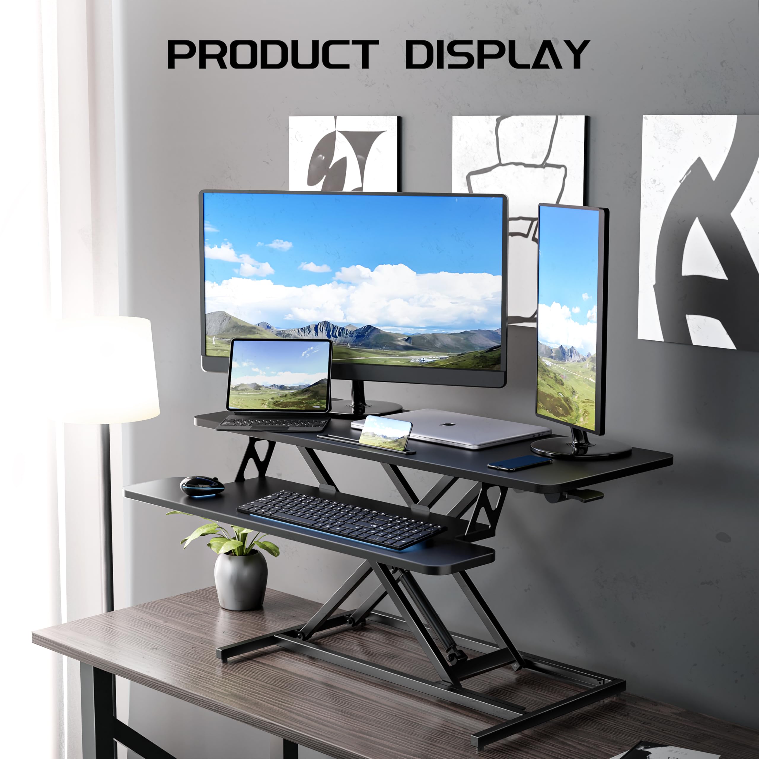 ERGOMAKER Height Adjustable Standing Desk Converter - 101cm (40 Inch) Wide Platform Tabletop Workstation - Quick Sit to Stand Desk Riser for Dual Monitors White