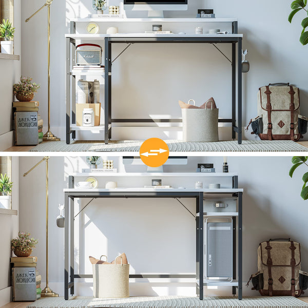 CubiCubi Computer Desk with Monitor Stand and Storage Shelves, 120cm Home Office Desk Study Writing Table, White