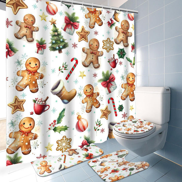 Harrycle 4 Pcs Christmas Shower Curtain Set for Bathroom Farmhouse Winter Vintage Shower Curtain with 12 Hook Rustic Bathroom Non Slip Rug Toilet Lid