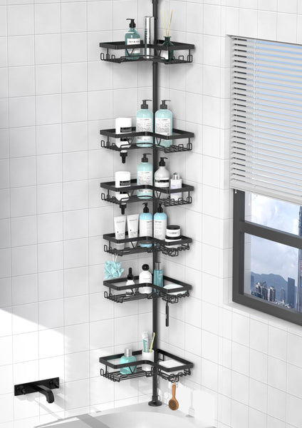 Kegii Telescopic Shower Caddy, 6 Tiers Corner Shower Shelf Adjustable Bathroom Storage Organiser Extendable Corner Bathroom Caddy, Black, No Drilling,