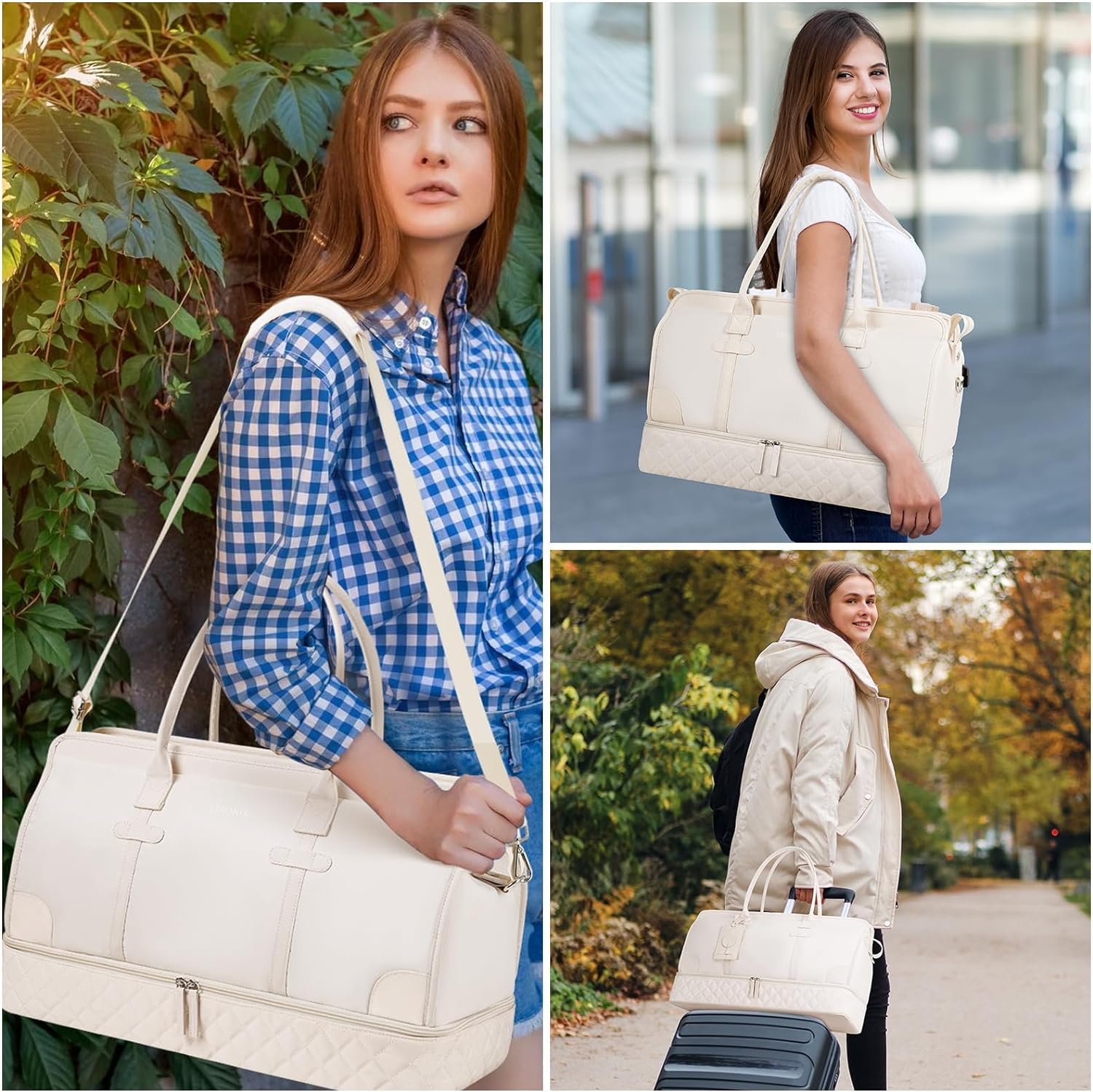 ETRONIK Weekend Overnight Bag for Women, Large Travel Duffle Bag with Shoe Compartment & Wet Pocket, Carry On Tote Bags Gym Duffel Bag with Toiletry Bags for Hospital 3 Pcs Set, Black