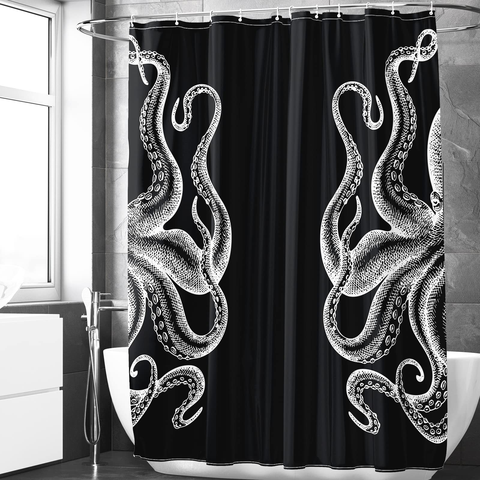 Berkin Arts Bathroom Shower Curtain Set 70x70 Inch Waterproof Polyester with Hooks Modern European Ink Painting Wrapped in Black Tentacles Octopus