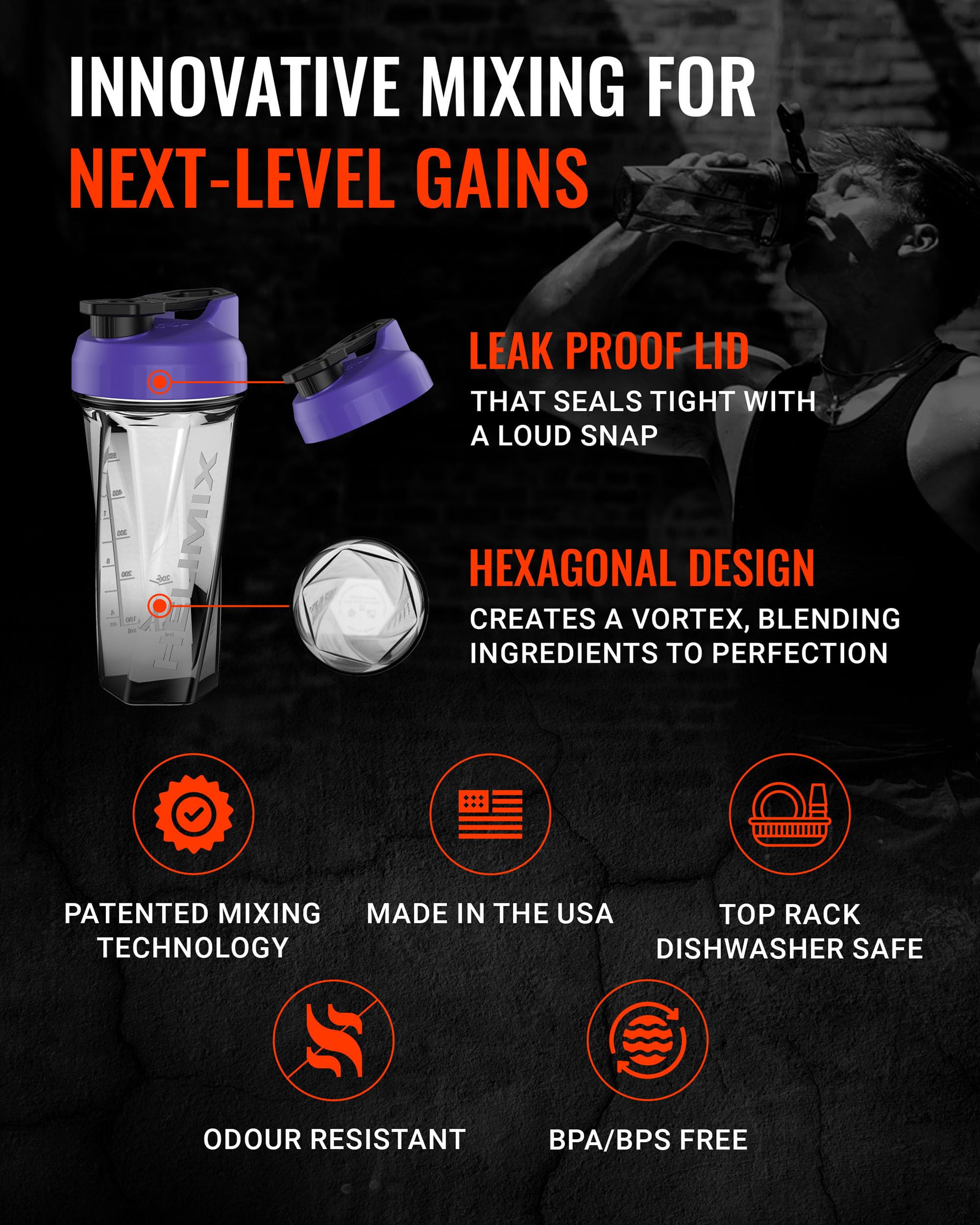 Helimix 2.0 Vortex Blender Shaker Bottle 828 ml - No Blending Ball or Whisk - USA Made - Portable Pre Workout Whey Protein Drink Cup - Mixes Cocktails Smoothies Shakes - Top Rack Safe