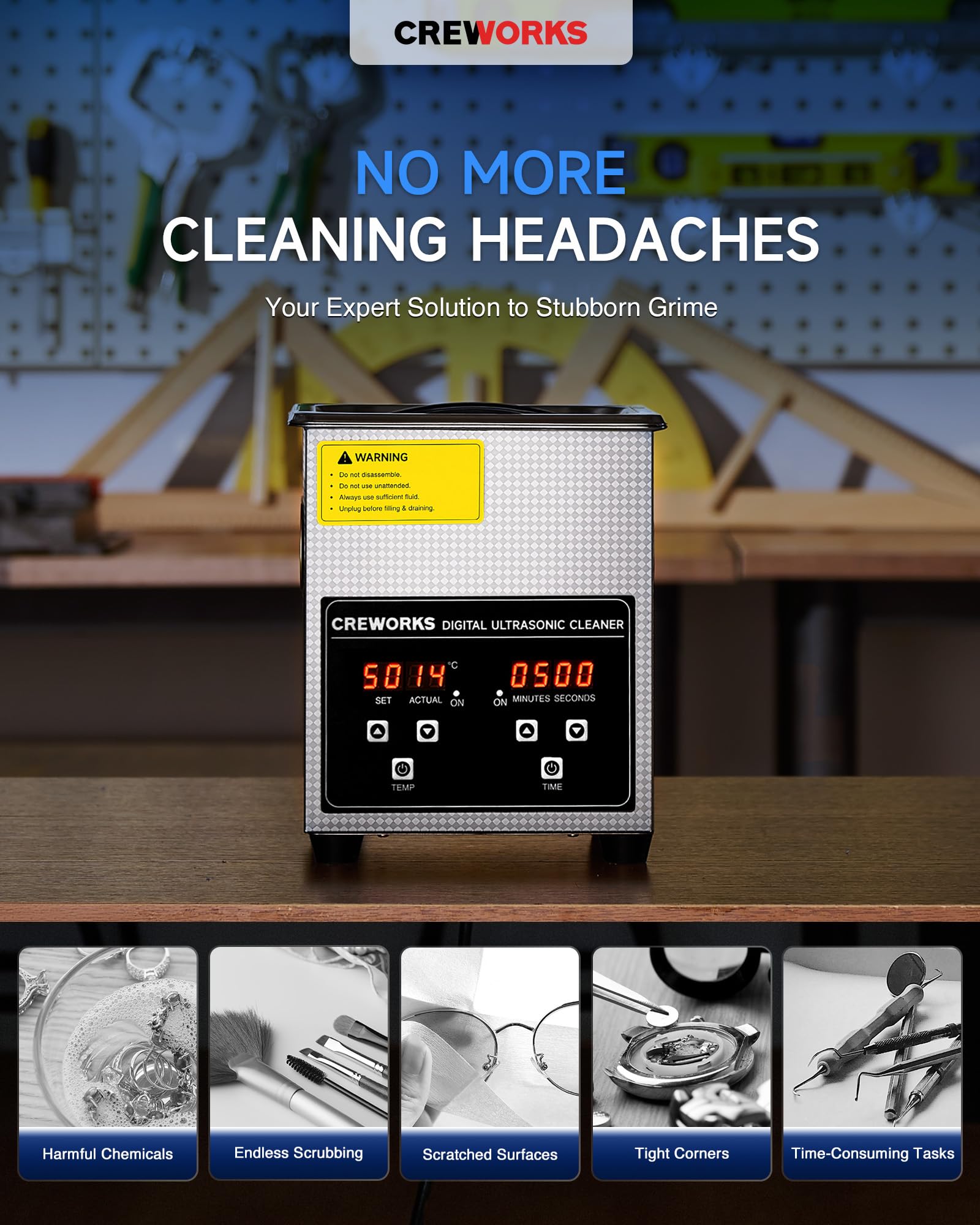 CREWORKS 6L Digital Ultrasonic Cleaner, 1.6 gal. Ultrasonic Cleaning Machine with Degas & Gentle Modes, 180W Professional Ultrasound Cleaner with 300W Heater and Timer for Glasses
