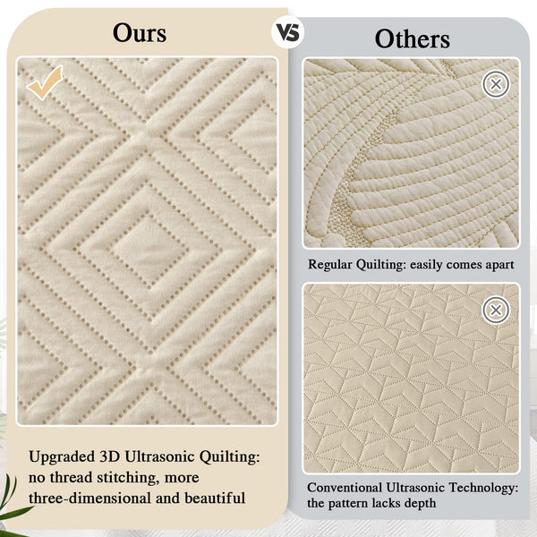 Qucover Beige Bedspread Super King Size, 3-Piece Polyester Breathable Geometric Pattern 3D Ultrasonic Quilting Technology Lightweight Summer Quilted