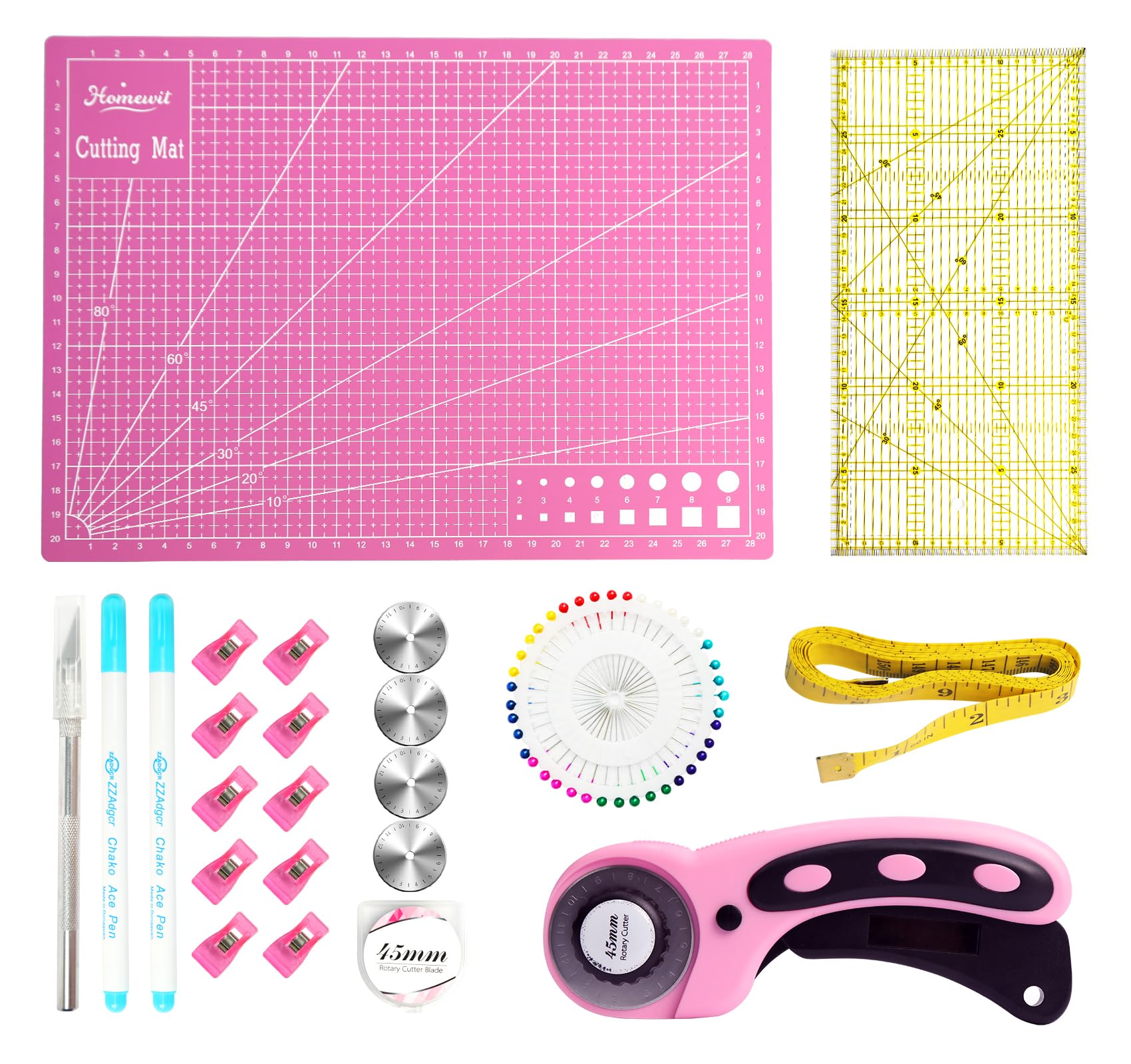 Rotary Cutter Kit, Homewit 45mm Fabric Cutter Set with 5 Spare Blades, A4 Cutting Mat, Patchwork Ruler, Sewing Clips, Pins & Carving Tool, Rotary