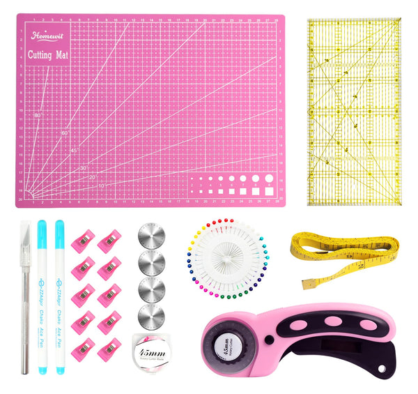 Rotary Cutter Kit, Homewit 45mm Fabric Cutter Set with 5 Spare Blades, A4 Cutting Mat, Patchwork Ruler, Sewing Clips, Pins & Carving Tool, Rotary