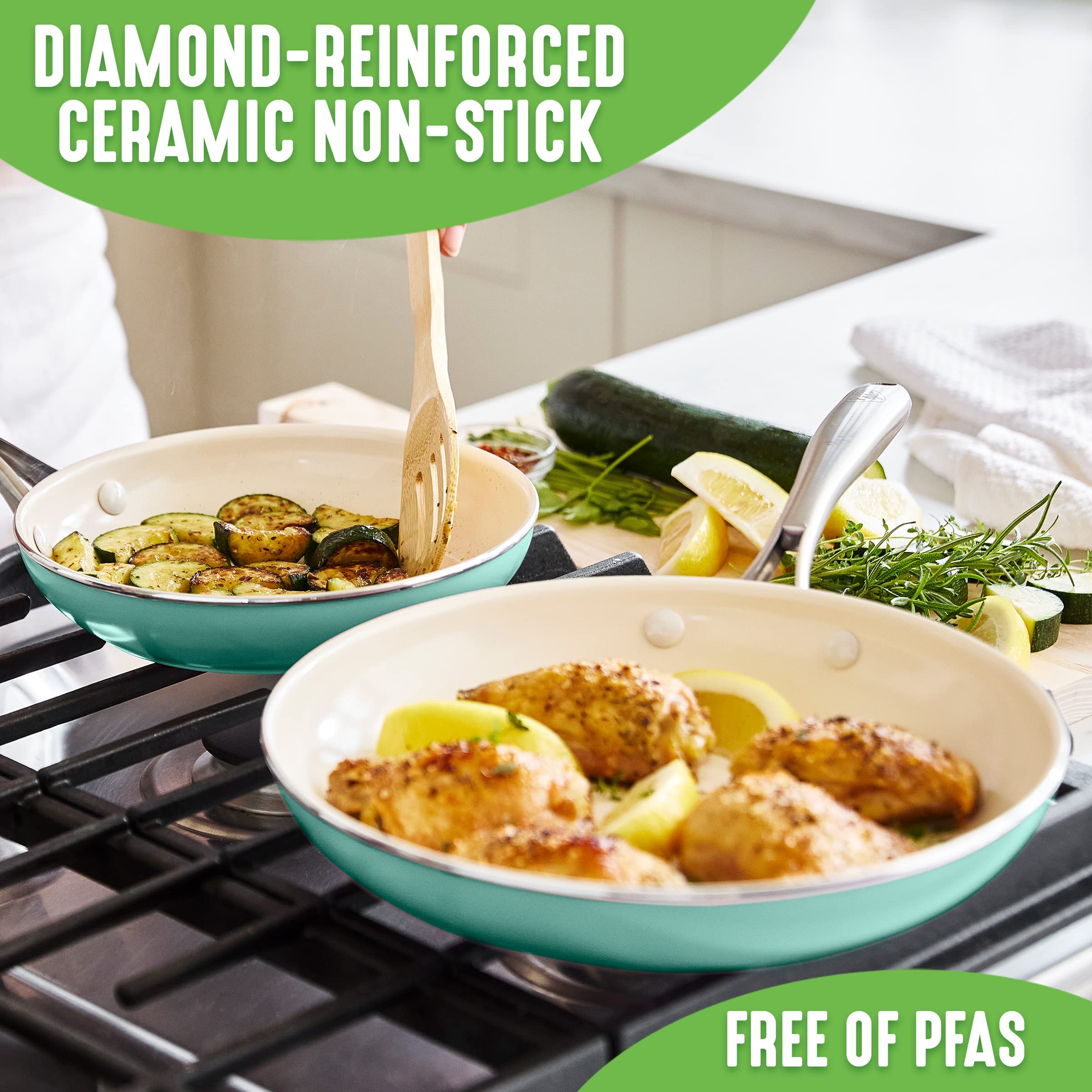 GreenLife Artizan Healthy Ceramic Non-Stick 20 cm and 26 cm Frying Pan Skillet Set, Stainless Steel Handle, PFAS-Free, Induction, Oven Safe, Turquoise