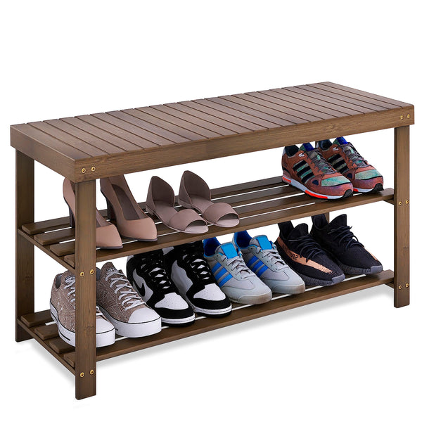 SMIBUY Bamboo Shoe Rack Bench, 3-Tier Shoe Organizer Storage Shelf for Entryway Hallway Bathroom Living Room (Walnut)