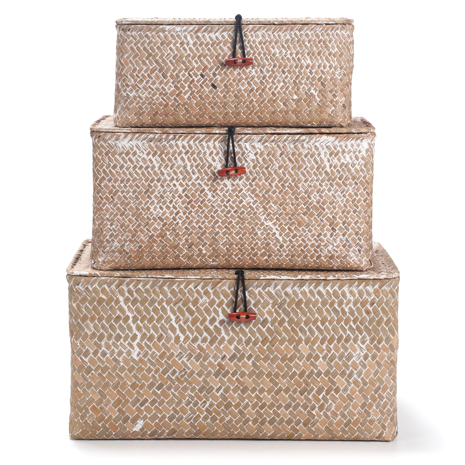 Seagrass Storage Baskets with Lid Natural Rattan Woven Rectangular Organizer Box Set of 3 (Whitewash Large+Medium+Small)