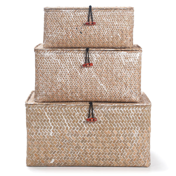 Seagrass Storage Baskets with Lid Natural Rattan Woven Rectangular Organizer Box Set of 3 (Whitewash Large+Medium+Small)