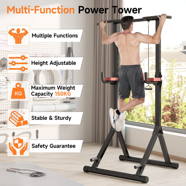 Dskeuzeew Power Tower Dip Station Pull Up Bar, Adjustable Height Multi-Function Power Tower, Push Up Workout Abdominal Exercise for Home Gym Strength Training Fitness Workout Equipment