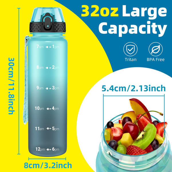 OLDLEY 1L/32oz Sports Water Bottle, 1000ml Motivational Drinks Bottle with Time Markings Leak Proof Drink & Lock Cover & No Straw, BPA Free for Adults Women Men Gym School Cycling Running Hiking