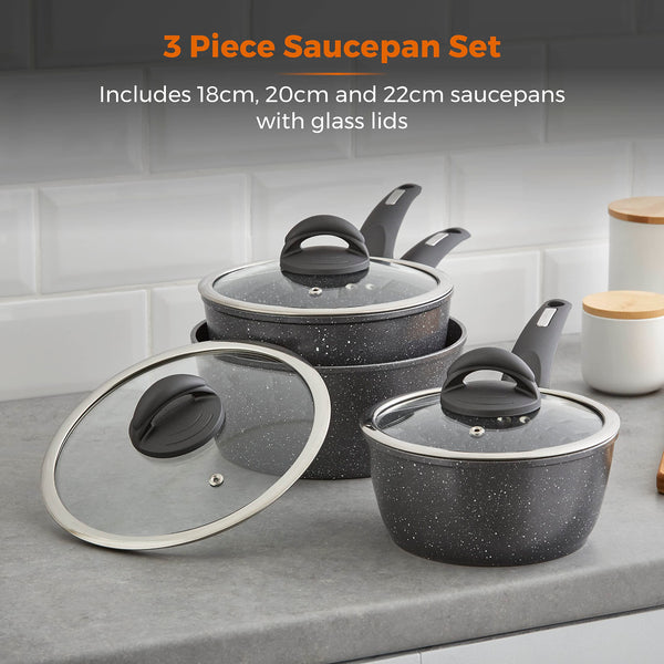 Tower T81212 Cerastone Forged 3 Piece Saucepan Set with Non-Stick Coating and Soft Touch Handles,18/20/22cm, Graphite