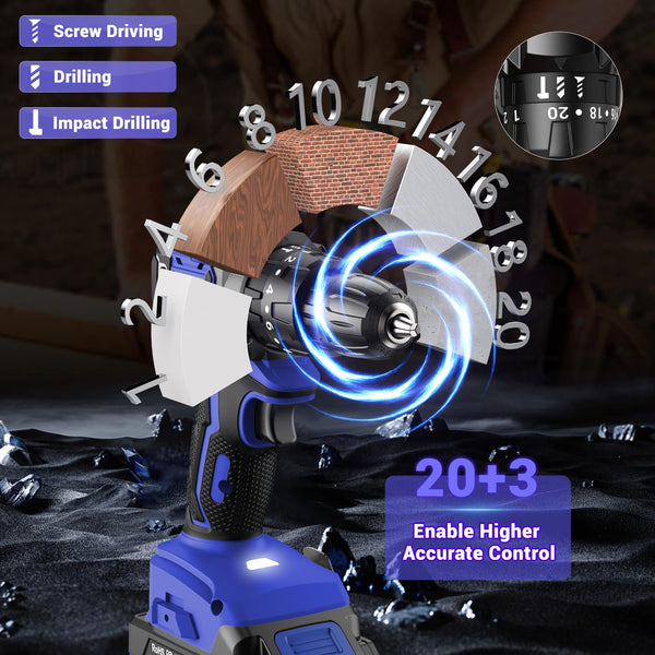 MHPRO Cordless Drill, Power Drill Brushless 21V, Cordless HammerDrill with 2 Batteries 2000mAh, 20+3 Torque, 45N.m Max DrillSet, LED Light, 2 Speed, 14PCS Accessories for Home and Garden DIY Project