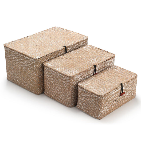 Seagrass Storage Baskets with Lid Natural Rattan Woven Rectangular Organizer Box Set of 3 (Whitewash Large+Medium+Small)