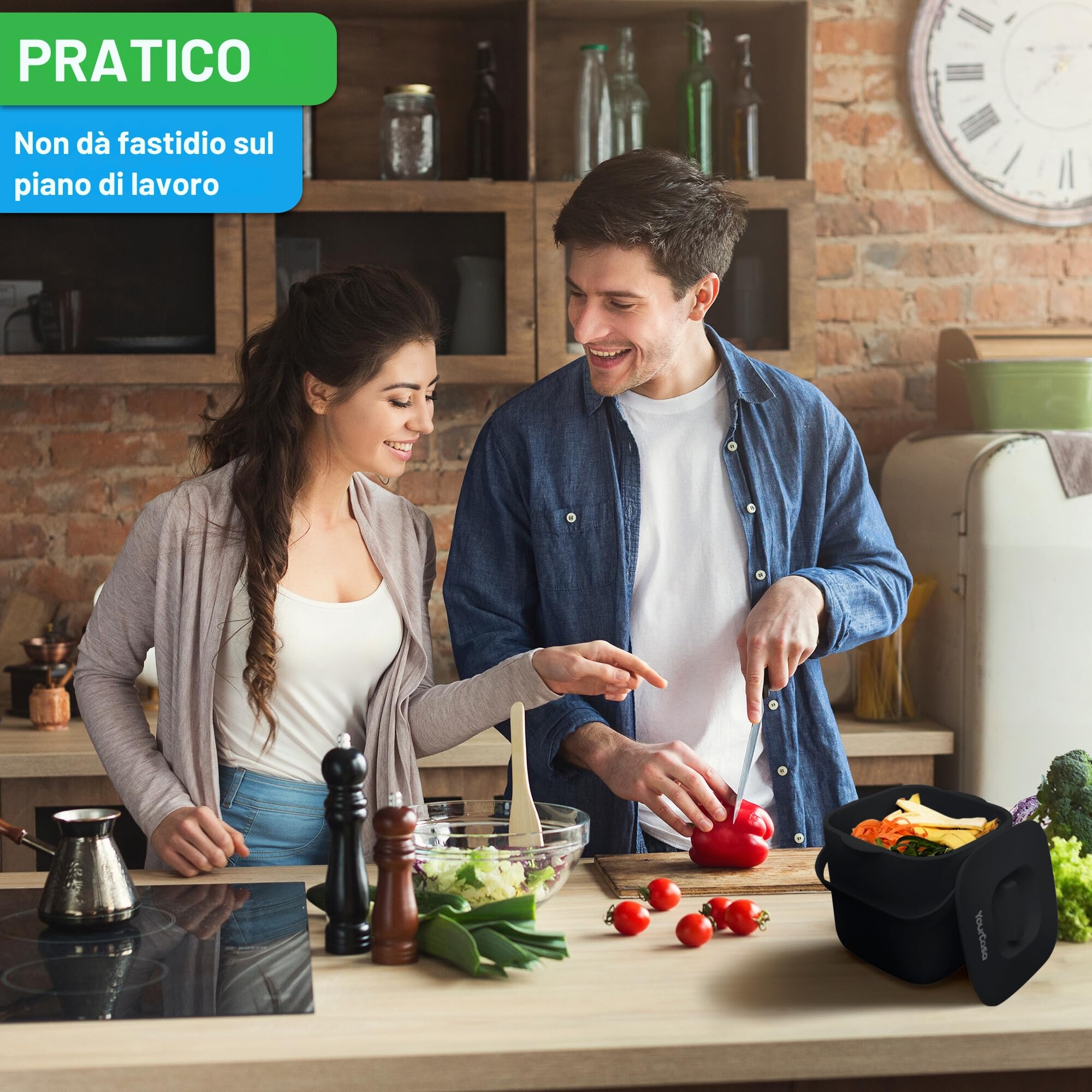 YourCasa Organic Kitchen Waste Bin - 7L Compost Bin with Lid - Dishwasher Safe, Odour-Proof, Removable Strainer