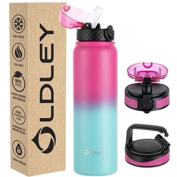 OLDLEY Stainless Steel Water Bottle with Straw 1L Vaccum Insulated Large Drink Flask Metal Water Bottles 1 Litre Leakproof Keep Drinks Hot Cold for Sports Gym with Different Lids(Purple Green, 3 Lids)