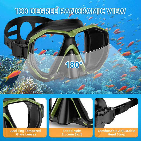 Honlanor Snorkel Set Adults Snorkeling Gear Anti-Leak and Anti-Fog Tempered Glass Lens Panoramic View Swim Mask Dry Top Snorkel Kit for Snorkeling Scuba Diving Swimming Travel with Carry Bag
