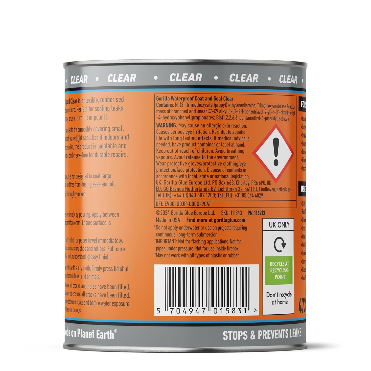 Gorilla Waterproof Coat & Seal Clear, 473ml - Weatherproof Liquid Sealant | Stops & Prevents Leaks | For Roof Tiles, Brick, Wood, Metal, Concrete, Stone, Rubber, Plastics*