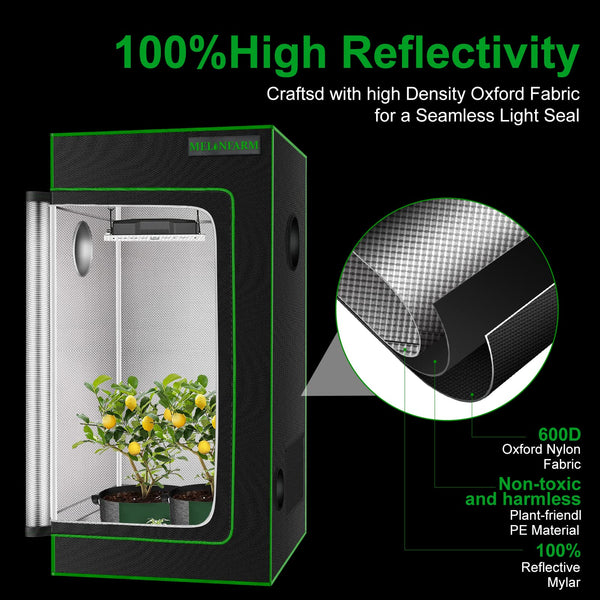 MELONFARM 2x2 Grow Tent 24"x24"x48''Reflective 600D Mylar Hydroponic with Observation Window, Floor Tray and Tool Bag for Indoor Plant Growing