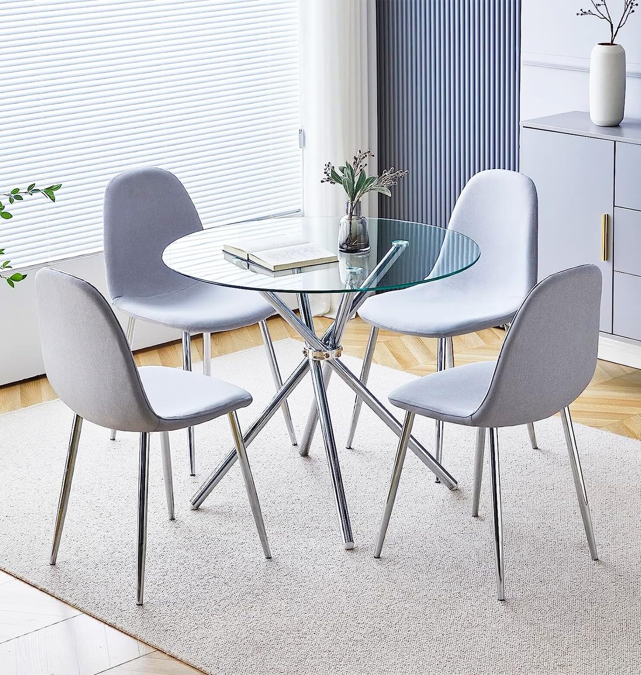 Hallowood Furniture Cullompton Glass Round Dining Table And Chairs Set 4, Small Kitchen Table and Chairs in Grey Fabric, Dining Room Sets Perfect for