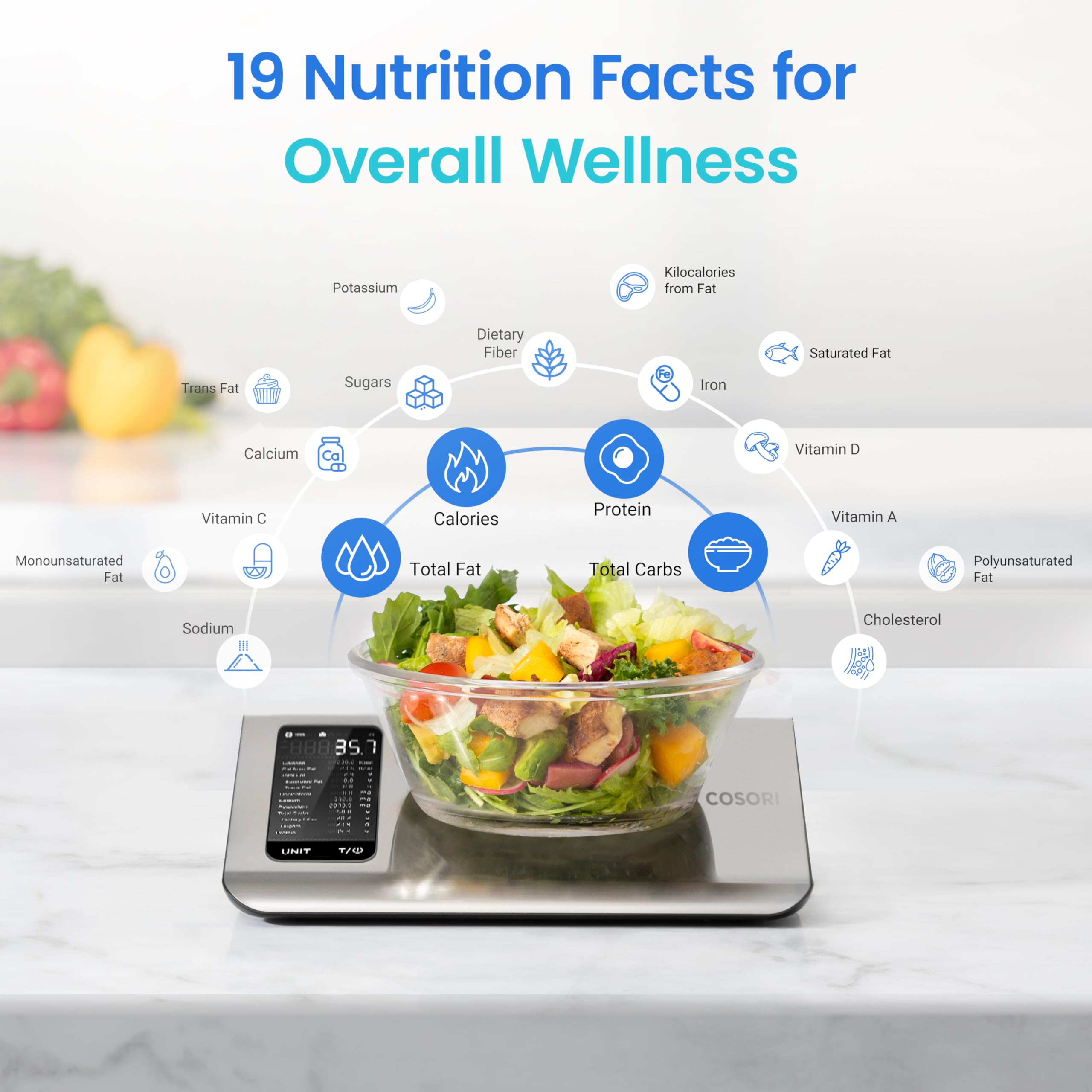 COSORI Smart Kitchen Scale with Nutritional Calculator, Food Nutrition Scale with 19 Nutrients Tracking, Calorie Counting for Weight Loss, Free App&Bluetooth, Premium Stainless Steel, Silver